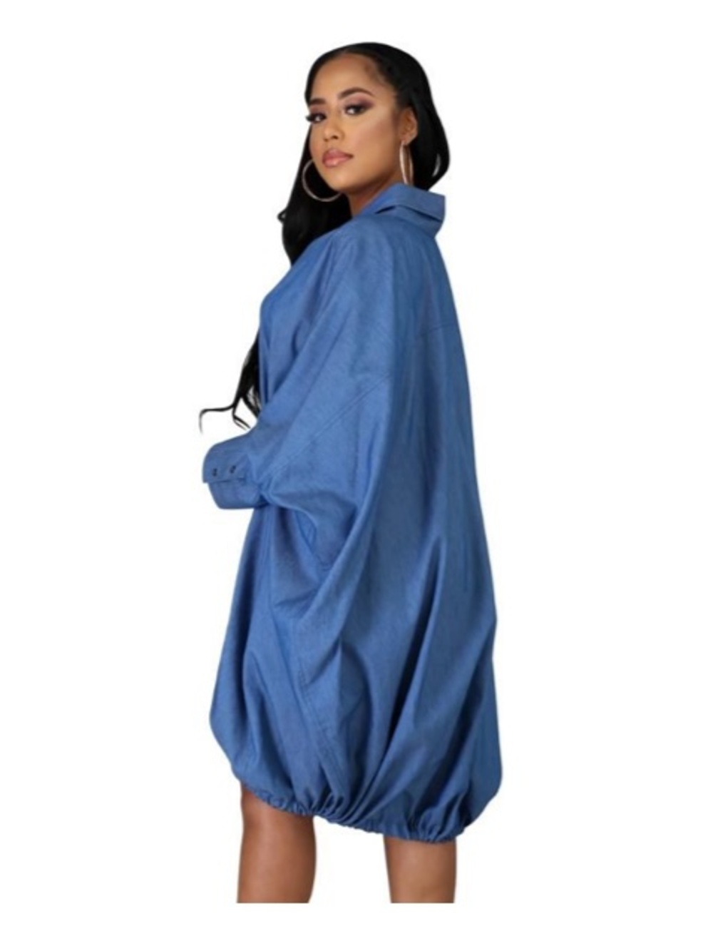 New Women Oversized Blue Shirt Dress Plus One Size Button Down Lantern Sleeve